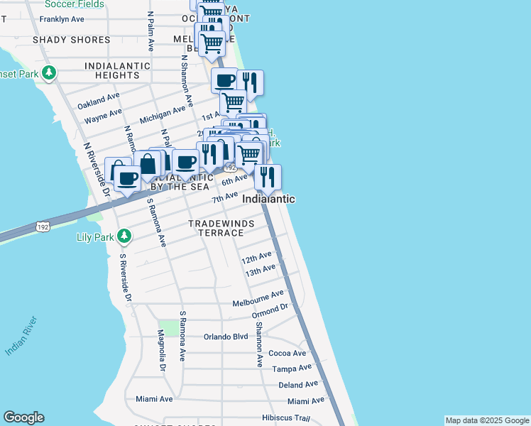 map of restaurants, bars, coffee shops, grocery stores, and more near 107 8th Avenue in Indialantic