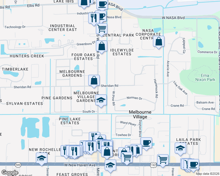 map of restaurants, bars, coffee shops, grocery stores, and more near 7103 Sheridan Road in West Melbourne