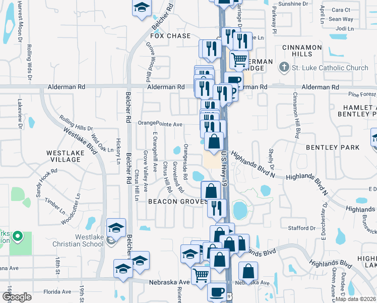 map of restaurants, bars, coffee shops, grocery stores, and more near 2379 North Citrus Way in Palm Harbor