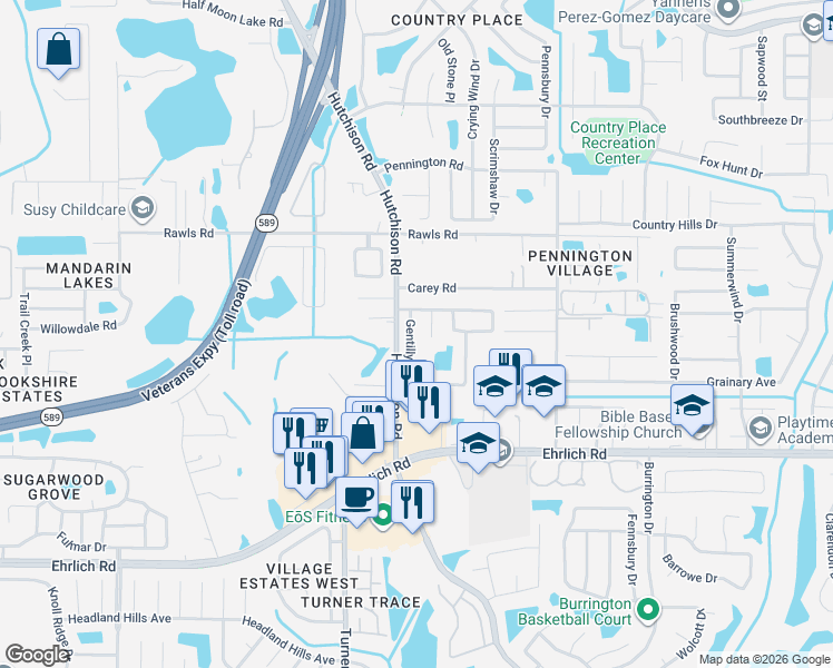 map of restaurants, bars, coffee shops, grocery stores, and more near 14917 Gentilly Place in Tampa