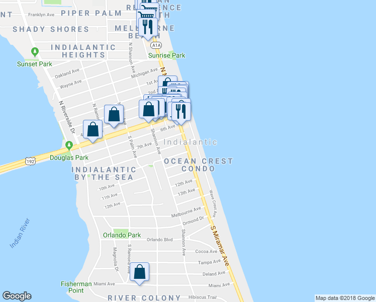 map of restaurants, bars, coffee shops, grocery stores, and more near 12 9th Avenue in Indialantic