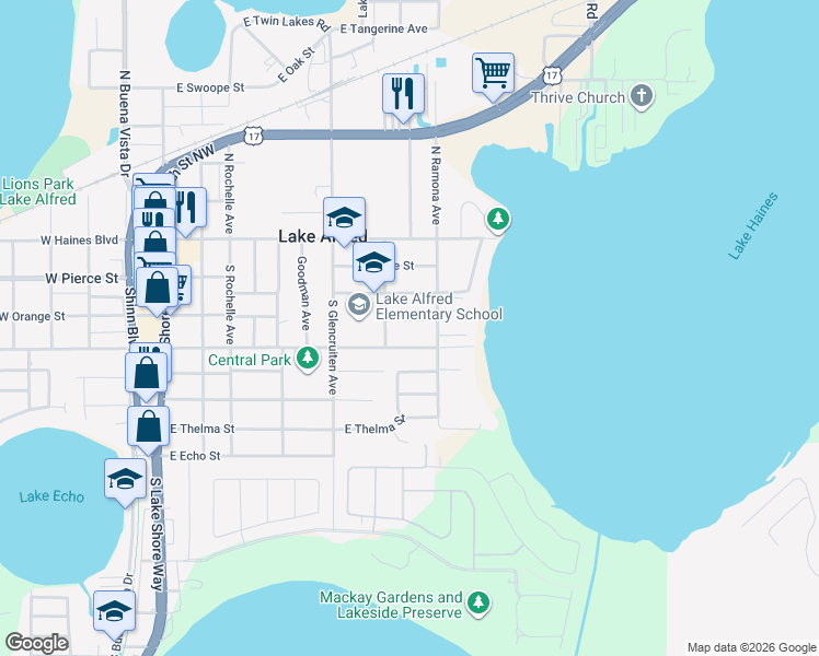 map of restaurants, bars, coffee shops, grocery stores, and more near 645 Hillside Circle in Lake Alfred