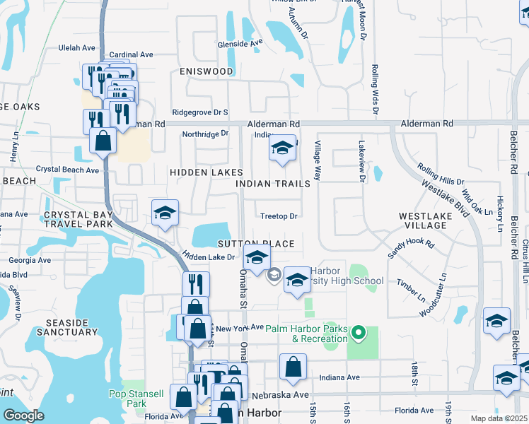 map of restaurants, bars, coffee shops, grocery stores, and more near 1359 Treetop Drive in Palm Harbor