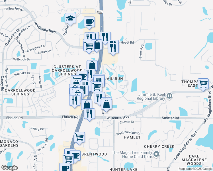 map of restaurants, bars, coffee shops, grocery stores, and more near 15228 West Pond Woods Drive in Tampa
