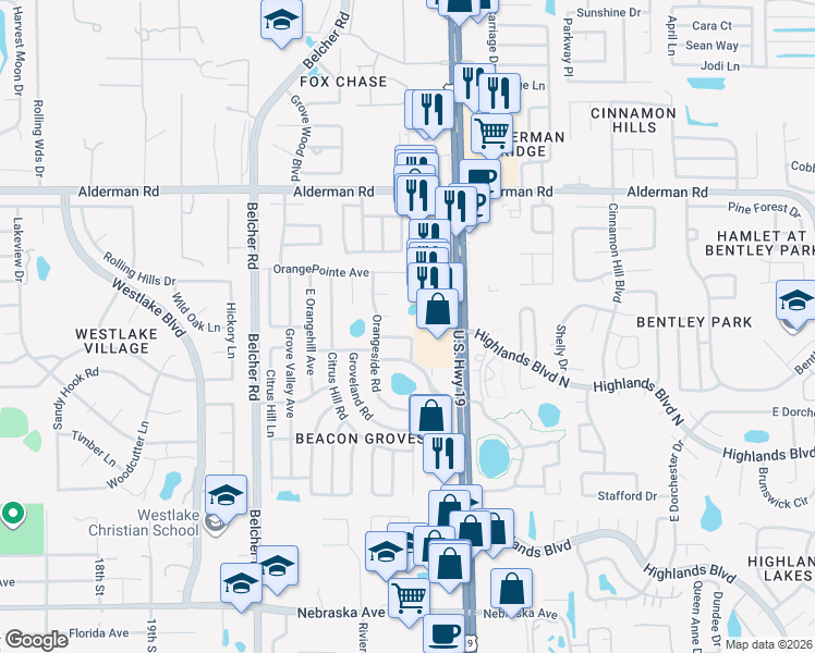 map of restaurants, bars, coffee shops, grocery stores, and more near 2289 North Citrus Way in Palm Harbor