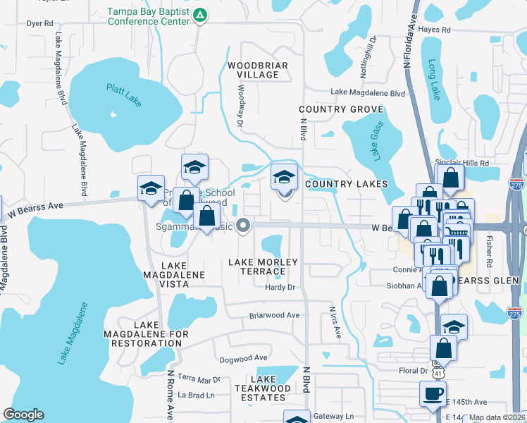 map of restaurants, bars, coffee shops, grocery stores, and more near 1009 Rose Blossom Court in Tampa