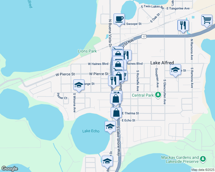 map of restaurants, bars, coffee shops, grocery stores, and more near 260 West Orange Street in Lake Alfred