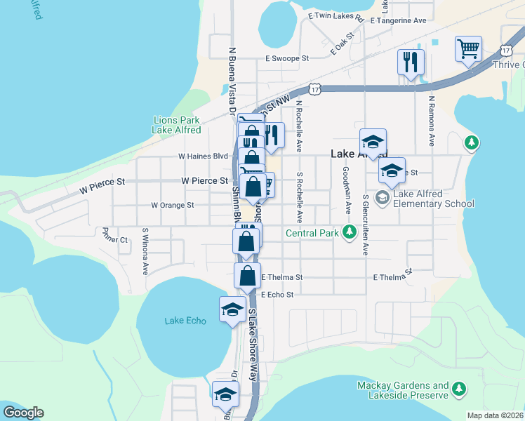 map of restaurants, bars, coffee shops, grocery stores, and more near 135 East Orange Street in Lake Alfred