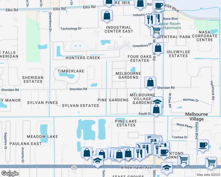 map of restaurants, bars, coffee shops, grocery stores, and more near 7801 Sheridan Road in Melbourne