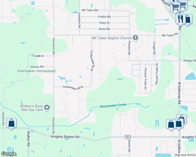map of restaurants, bars, coffee shops, grocery stores, and more near 3706 Timberlake Road East in Lakeland