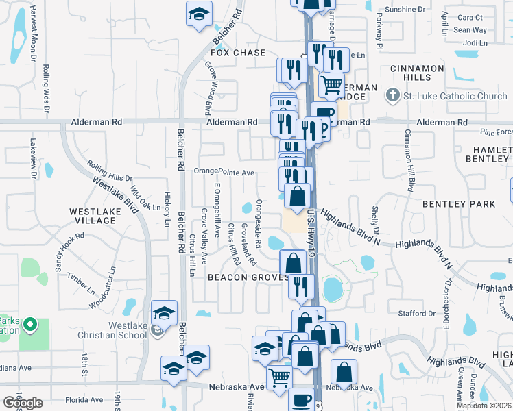 map of restaurants, bars, coffee shops, grocery stores, and more near 2296 Orangeside Road in Palm Harbor