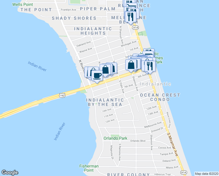map of restaurants, bars, coffee shops, grocery stores, and more near 345 6th Avenue in Indialantic