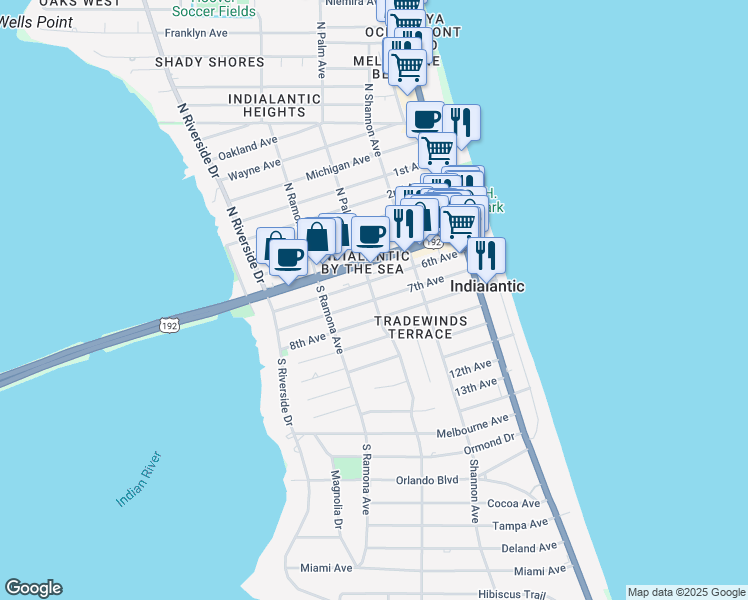 map of restaurants, bars, coffee shops, grocery stores, and more near 298 South Palm Avenue in Indialantic