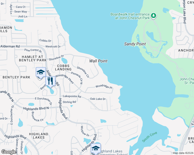 map of restaurants, bars, coffee shops, grocery stores, and more near 3522 Shoreline Circle in Palm Harbor