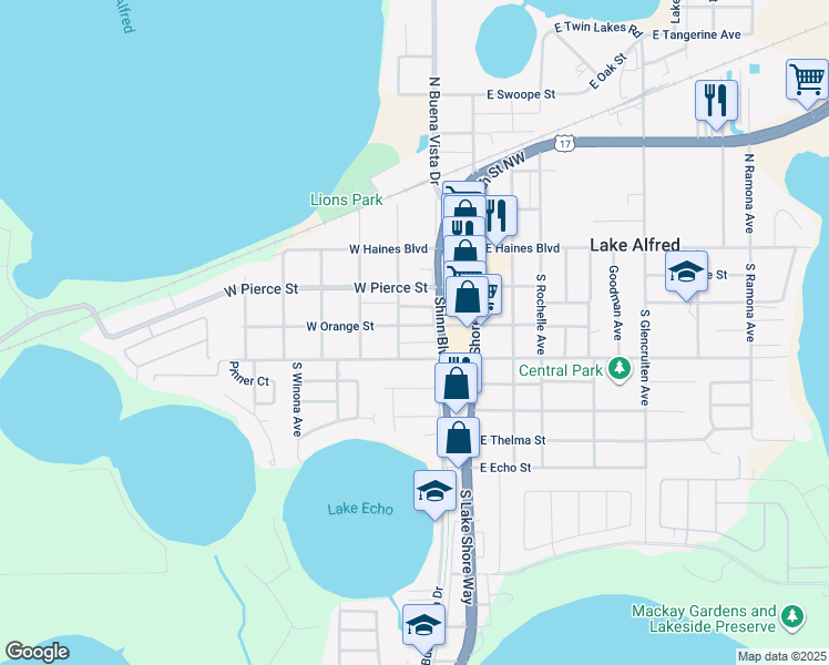 map of restaurants, bars, coffee shops, grocery stores, and more near 260 West Orange Street in Lake Alfred