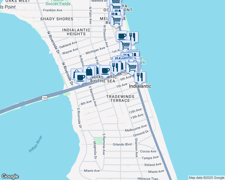 map of restaurants, bars, coffee shops, grocery stores, and more near 221 7th Avenue in Indialantic
