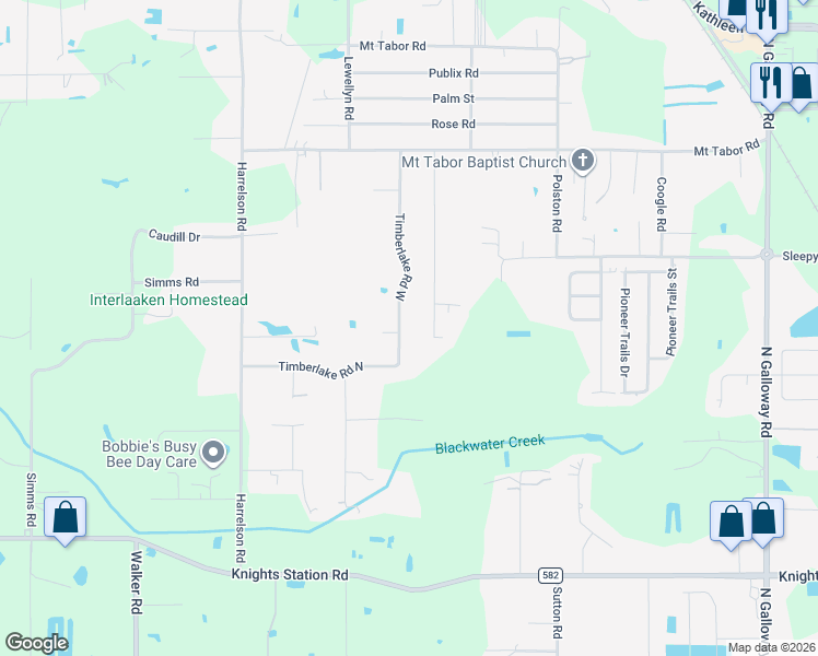 map of restaurants, bars, coffee shops, grocery stores, and more near 3706 Timberlake Road East in Lakeland