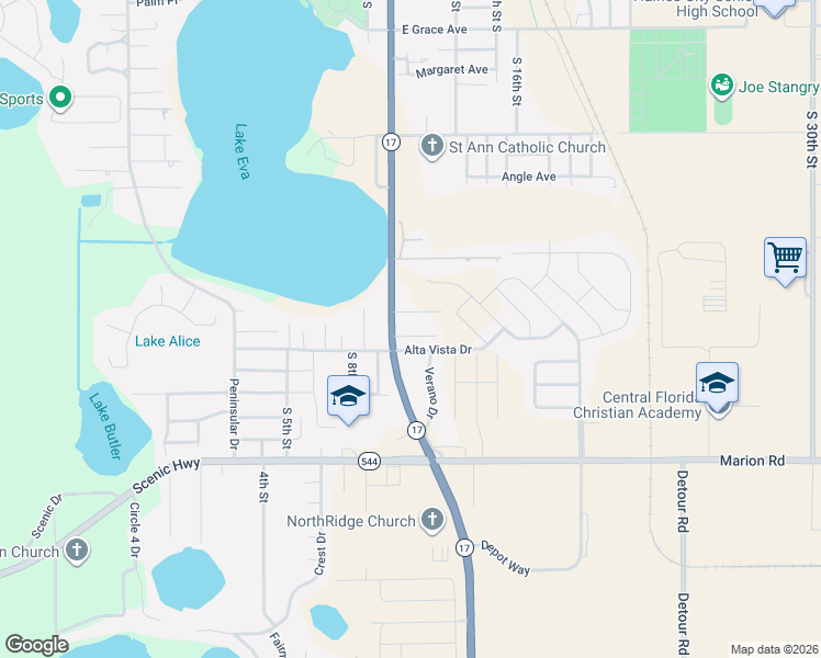 map of restaurants, bars, coffee shops, grocery stores, and more near 1005 Aqua Vista Court in Haines City