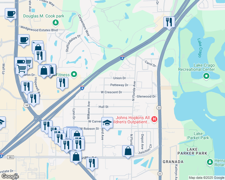 map of restaurants, bars, coffee shops, grocery stores, and more near 401 West Crescent Drive in Lakeland
