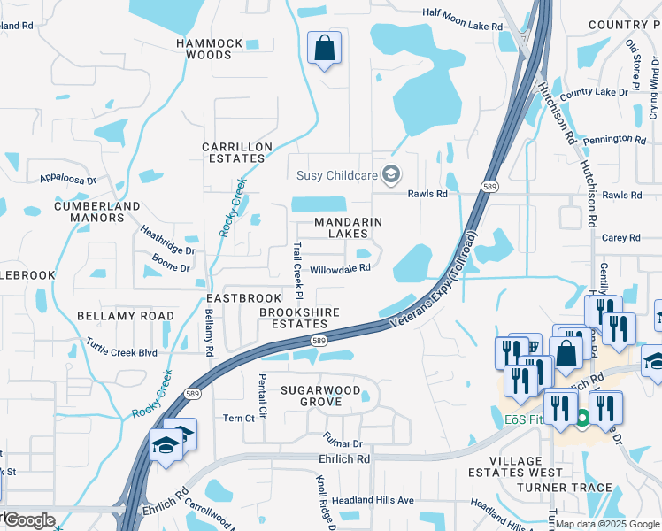 map of restaurants, bars, coffee shops, grocery stores, and more near 15114 Willowdale Road in Tampa