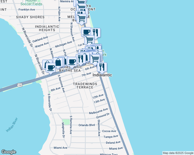 map of restaurants, bars, coffee shops, grocery stores, and more near 107 8th Avenue in Indialantic