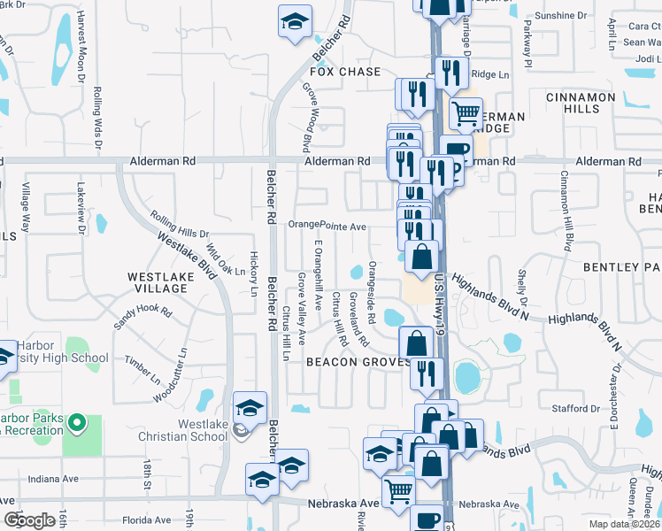 map of restaurants, bars, coffee shops, grocery stores, and more near 2319 Citrus Hill Road in Palm Harbor