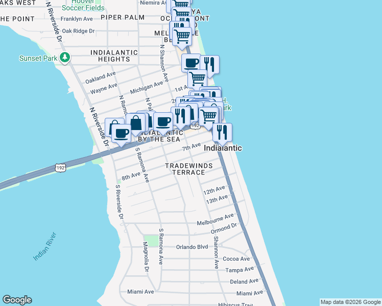 map of restaurants, bars, coffee shops, grocery stores, and more near 309 Shannon Avenue in Indialantic