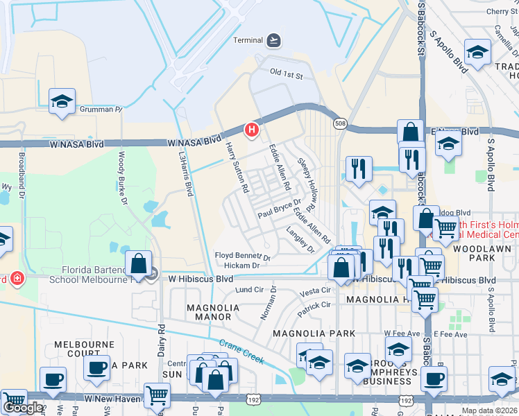 map of restaurants, bars, coffee shops, grocery stores, and more near 1218 Harry Sutton Road in Melbourne