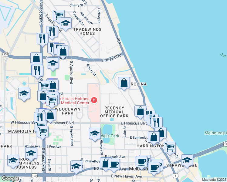 map of restaurants, bars, coffee shops, grocery stores, and more near 606 East Sheridan Road in Melbourne