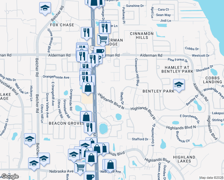 map of restaurants, bars, coffee shops, grocery stores, and more near 2225 Lark Circle West in Palm Harbor