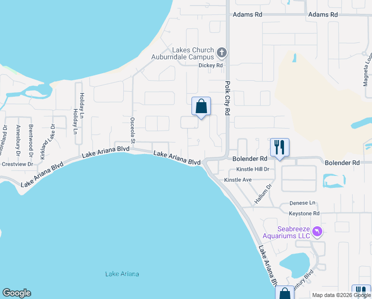 map of restaurants, bars, coffee shops, grocery stores, and more near 1542 Ariana Boulevard in Auburndale