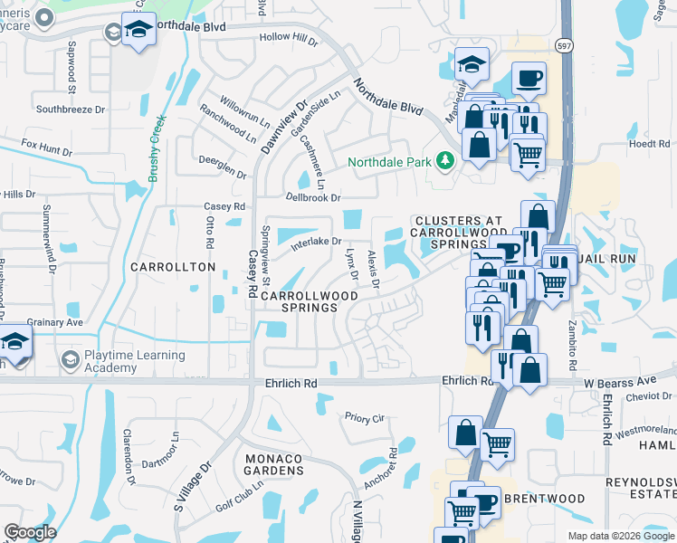 map of restaurants, bars, coffee shops, grocery stores, and more near 15114 Roundup Drive in Tampa