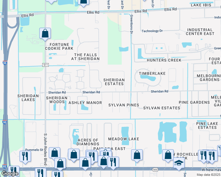 map of restaurants, bars, coffee shops, grocery stores, and more near 8730 Sheridan Road in Melbourne