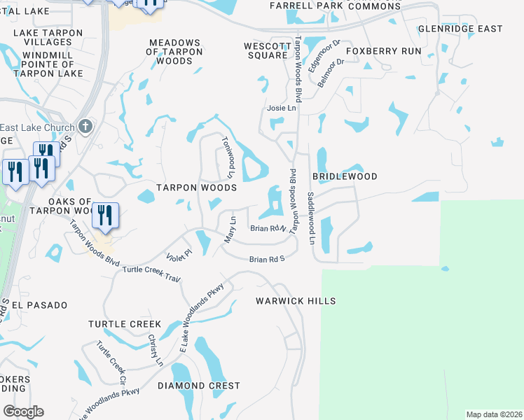 map of restaurants, bars, coffee shops, grocery stores, and more near 3368 Pattie Place in Palm Harbor