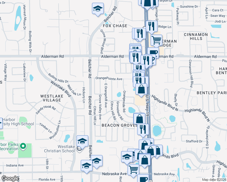 map of restaurants, bars, coffee shops, grocery stores, and more near 2333 Citrus Hill Road in Palm Harbor