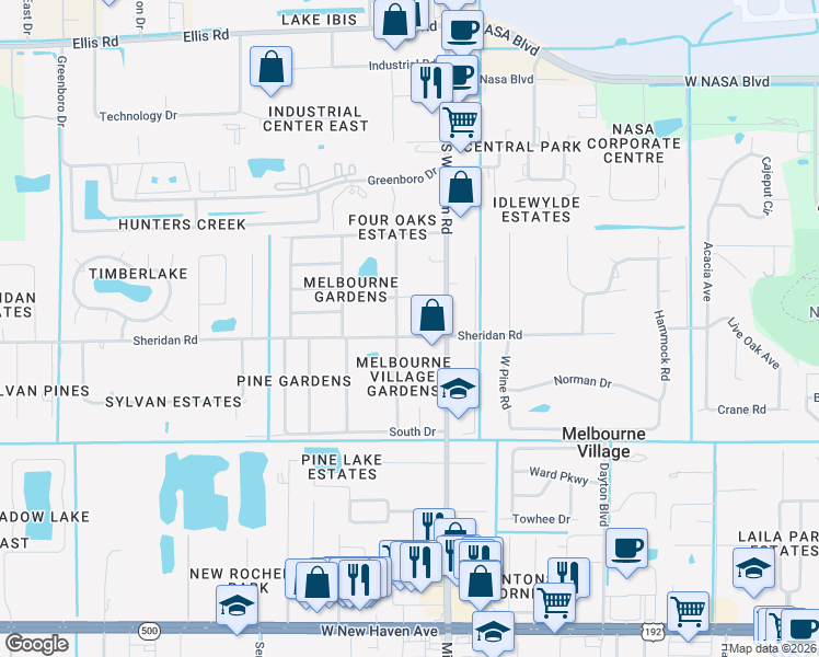 map of restaurants, bars, coffee shops, grocery stores, and more near 7486 Sheridan Road in Melbourne