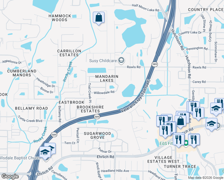 map of restaurants, bars, coffee shops, grocery stores, and more near 15128 Willowdale Road in Tampa