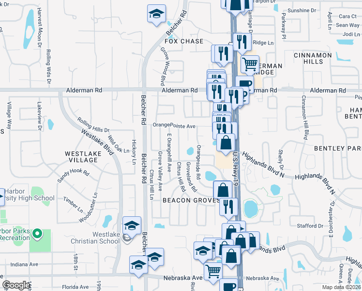 map of restaurants, bars, coffee shops, grocery stores, and more near 2333 Citrus Hill Road in Palm Harbor