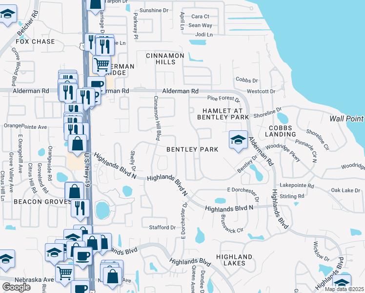 map of restaurants, bars, coffee shops, grocery stores, and more near 2948 Shannon Circle in Palm Harbor