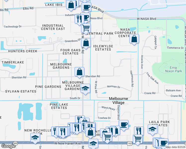 map of restaurants, bars, coffee shops, grocery stores, and more near 6910 Sheridan Road in Melbourne