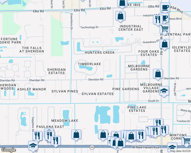 map of restaurants, bars, coffee shops, grocery stores, and more near 7906 Timberlake Drive in Melbourne