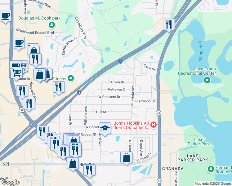 map of restaurants, bars, coffee shops, grocery stores, and more near 401 West Crescent Drive in Lakeland