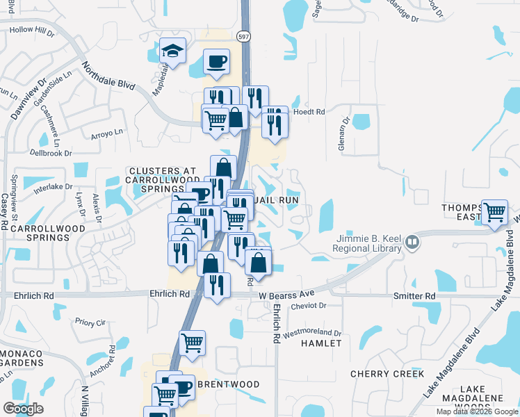 map of restaurants, bars, coffee shops, grocery stores, and more near 15228 West Pond Woods Drive in Tampa