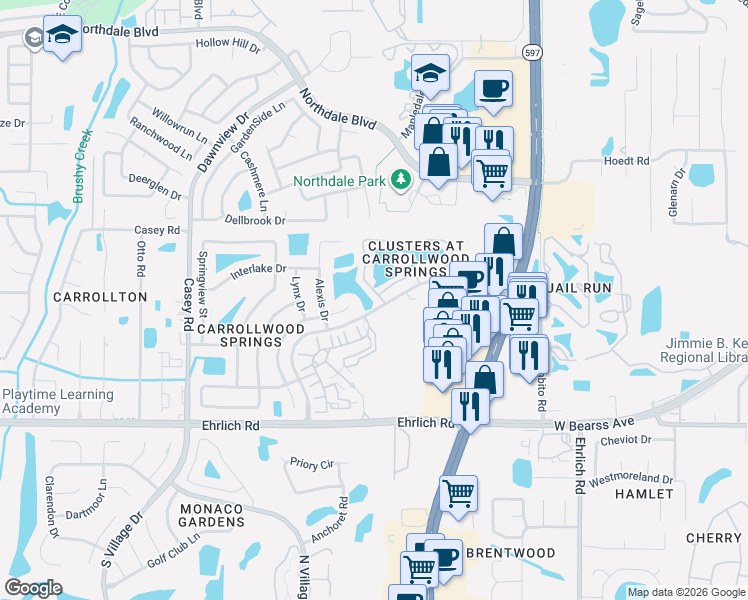 map of restaurants, bars, coffee shops, grocery stores, and more near 4002 Carrollwood Springs Boulevard in Tampa
