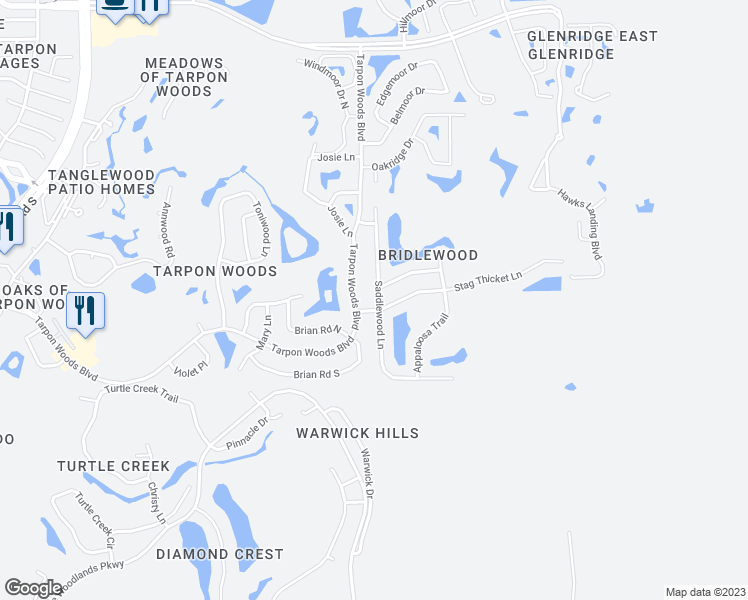 map of restaurants, bars, coffee shops, grocery stores, and more near 2584 Saddlewood Lane in Palm Harbor
