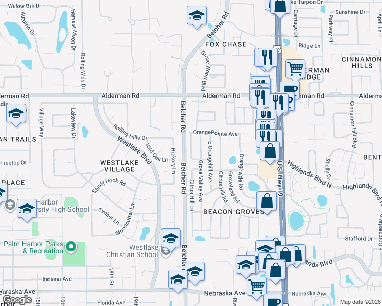 map of restaurants, bars, coffee shops, grocery stores, and more near 2403 Grove Ridge Drive in Palm Harbor