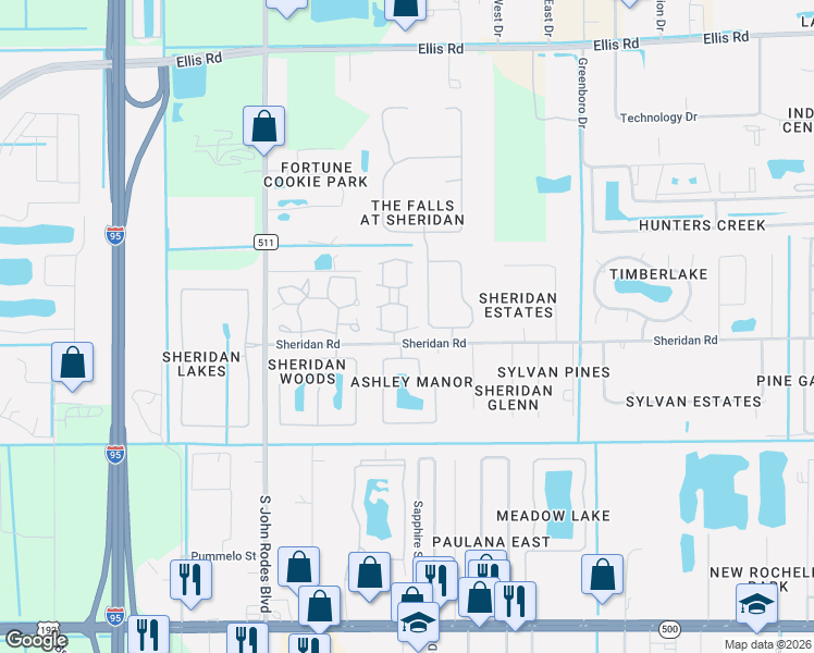 map of restaurants, bars, coffee shops, grocery stores, and more near 707 Falls Creek Drive in Melbourne