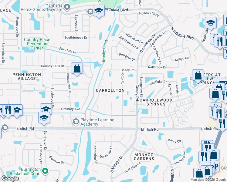 map of restaurants, bars, coffee shops, grocery stores, and more near 15304 Carrollton Lane in Tampa
