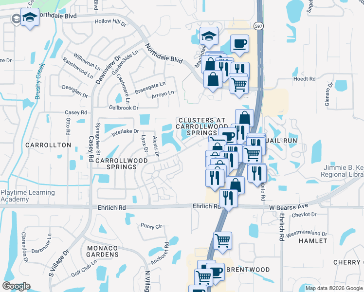 map of restaurants, bars, coffee shops, grocery stores, and more near 4075 Shoreside Circle in Tampa