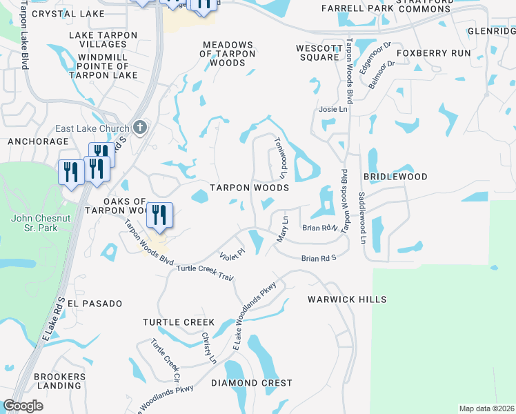 map of restaurants, bars, coffee shops, grocery stores, and more near 2207 Toniwood Lane in Palm Harbor